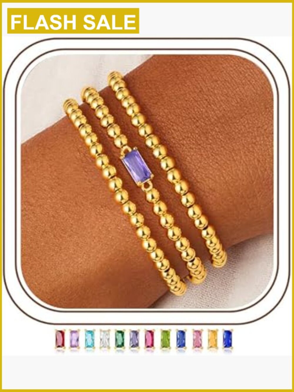 Layered Birthstone Stretch Bracelet Set Gold Plated CZ Dainty